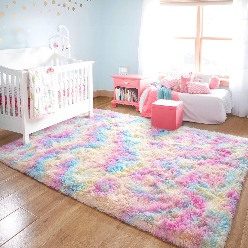 junovo Washable, Non-Slip Area Rug, Soft Rainbow Area Rug for Girl's Room, Children's Play mat, Baby Girl Bedroom Nursery Home Bedroom, 4ft x 6ft Tie-Dyed Rainbow - Image 4